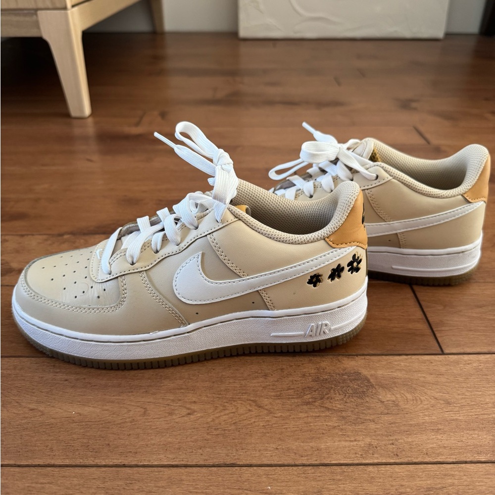 Nike Air Tan and White Sneakers with Unique Floral Design